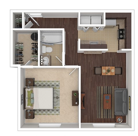 Floor plan for 1 bed, 1 bath, 683 sqft